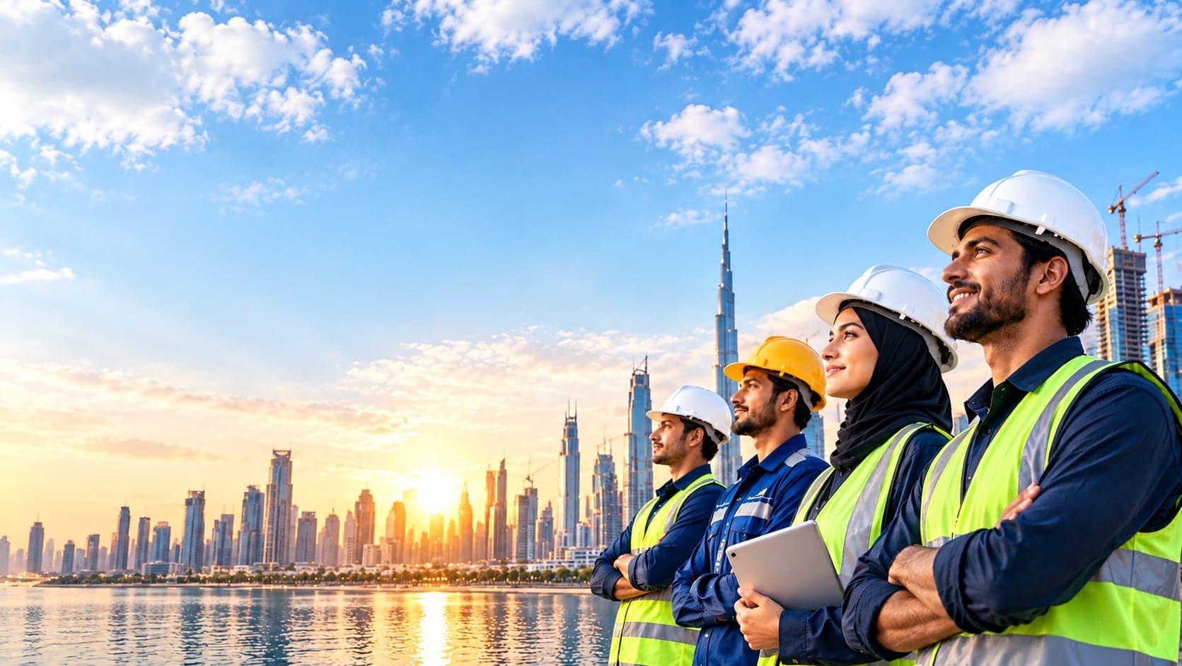 Four tradespeople in hard hats and hi-vis vests looking out over the Dubai skyline at sunrise